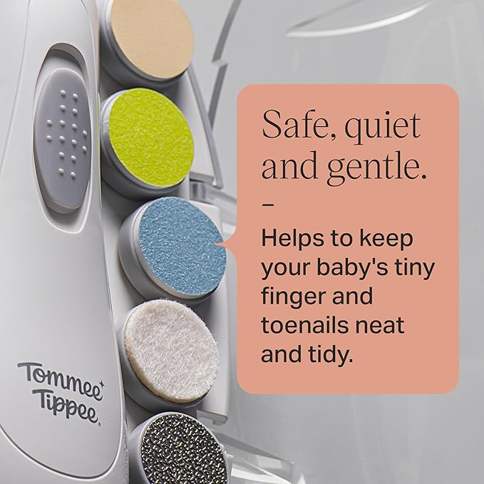 Tommee Tippee Electric Baby Nail File, with Six Filing Heads for Baby and Adult Use, Infant Nail Clipper with LED Light and Adjustable Speed and Direction Settings