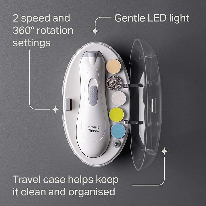 Tommee Tippee Electric Baby Nail File, with Six Filing Heads for Baby and Adult Use, Infant Nail Clipper with LED Light and Adjustable Speed and Direction Settings