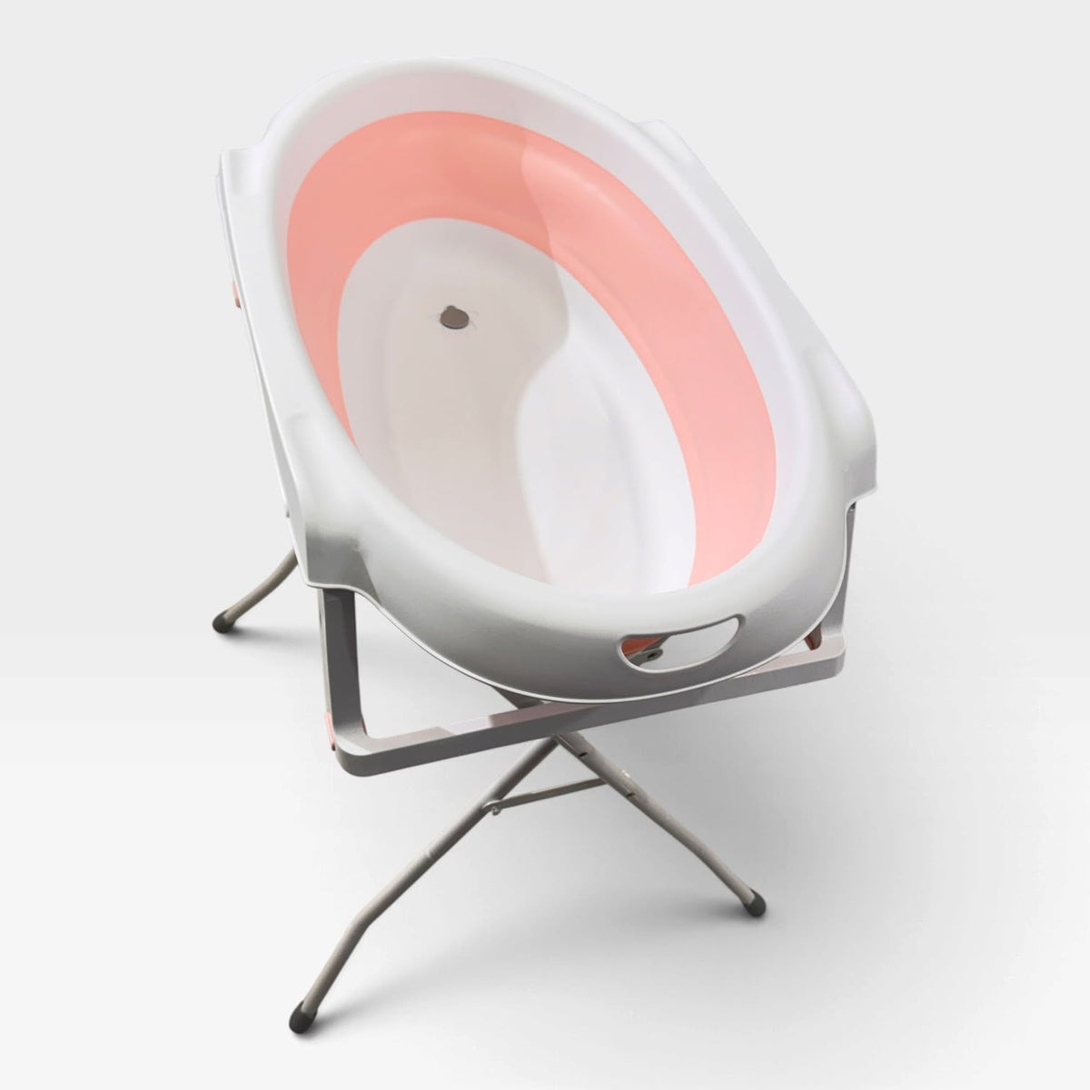 Foldable baby bath tub with stand - pink, top view with drain plug